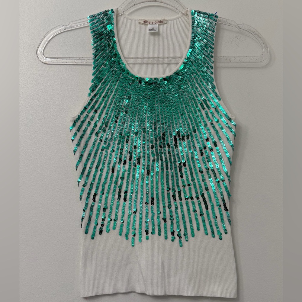 Alice + Olivia Ivory Tank with Turquoise Sequin Sleeveless Stretch XS